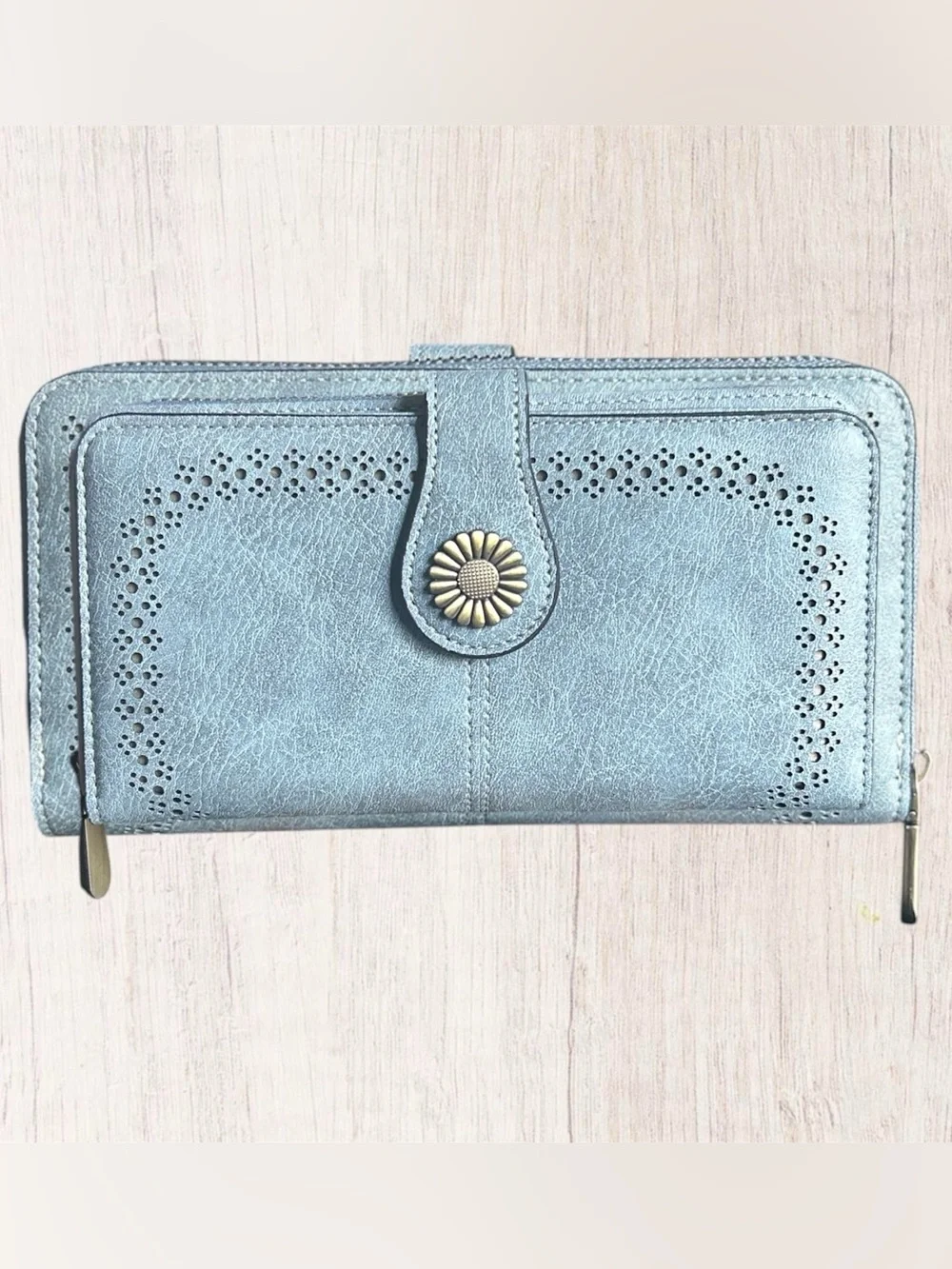 Handcrafted light blue & tan crochet bag and a coordinating light blue wallet